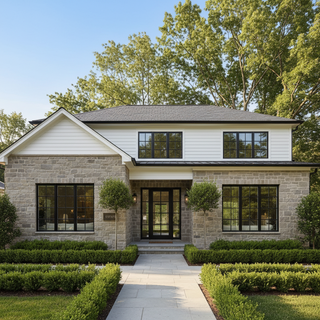 A modern, well-appointed suburban house featuring clean white siding, dark slate roof, and expansive neutral-toned stonework along the facade. This home is situated in a neatly landscaped front yard with symmetrical hedges, tidy walkway, and mature trees in the background. Soft, natural daylight illuminates the home, creating subtle highlights on the windows and textured stone, with delicate shadows beneath the eaves. The composition is eye-level, centered, and framed wide to capture the entire property. The mood is welcoming and professional, with a strong sense of order and care. The photographic style is clean and realistic, emphasizing structured layout and corporate sophistication, perfect for conveying real estate expertise and trustworthiness.