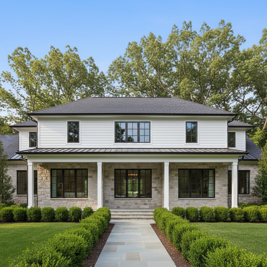 A modern, well-appointed suburban house featuring clean white siding, dark slate roof, and expansive neutral-toned stonework along the facade. This home is situated in a neatly landscaped front yard with symmetrical hedges, tidy walkway, and mature trees in the background. Soft, natural daylight illuminates the home, creating subtle highlights on the windows and textured stone, with delicate shadows beneath the eaves. The composition is eye-level, centered, and framed wide to capture the entire property. The mood is welcoming and professional, with a strong sense of order and care. The photographic style is clean and realistic, emphasizing structured layout and corporate sophistication, perfect for conveying real estate expertise and trustworthiness.