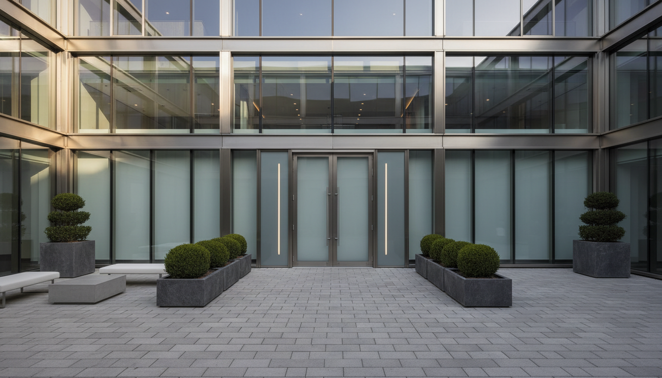A stylish, contemporary real estate office exterior crafted with glass and steel, accented by natural stone planters filled with boxwood shrubs. The entrance features large, matte glass doors flanked by precise linear architectural lighting. Early afternoon sunlight creates gentle, even illumination with sharp, crisp architectural lines and faint reflections on the glass. The courtyard is composed with clean paving stones and a minimalist seating area. Captured from a slightly elevated angle for maximum clarity and balance, the image conveys a professional and inviting mood. The photographic realism supports the theme of trust and expertise while the neutral palette and clean lines align perfectly with a corporate aesthetic.