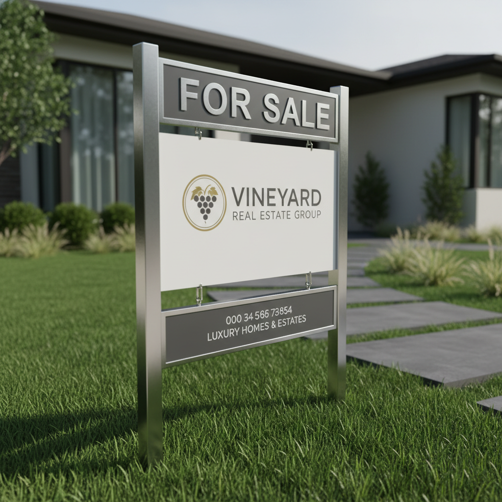 A set of elegant real estate signage, including a for-sale sign in brushed chrome and matte white, cleanly designed with the Vineyard Real Estate Group logo. The sign is staked into a well-manicured front lawn, with minimalist landscaping and a slate-paved walkway visible in the background. Even midday lighting ensures true-to-life color accuracy and muted shadows, lending a crisp visual clarity to the text and logo. The shot is composed from a low, angled perspective with sharp focus throughout, emphasizing the sign’s immaculate design and the prestige of the location. The mood is trustworthy and established, rendered with photographic realism, embodying the professionalism and reputation of a 5-star real estate group.
