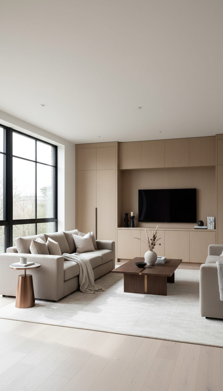A spacious, freshly renovated living room featuring a light taupe sectional sofa with plush, textured throws, set atop a soft ivory area rug. The room is styled with minimalist, mid-century modern furniture—sleek wooden coffee table, built-in cabinetry, and subtle metallic accents. Large windows invite diffused, overcast daylight, softly illuminating every surface and creating gentle, elongated shadows. The composition favors a wide, eye-level shot with meticulous staging for a balanced, airy feel. The atmosphere is calm, refined, and move-in ready. This photographic scene embodies the professional, clean, and organized standards of a top real estate agency's listings.