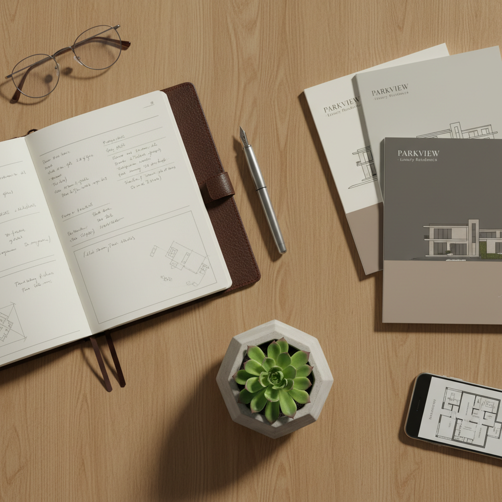A meticulously organized real estate agent's desk, featuring a premium leather-bound notebook, brushed steel pen, and a stack of professionally designed property brochures in neutral colors. The desk surface is a clean, matte-finish oak wood, with a small, sculpted stone planter housing a geometric succulent. Soft studio lighting creates subtle, diffused reflections on metallic surfaces while casting defined, gentle shadows along the desk. The camera frames the scene from directly above for a flat-lay, balanced composition that highlights structure and attention to detail. The mood is efficient and aspirational, communicating the agency's dedication to professionalism through photographic realism and a corporate, structured layout.
